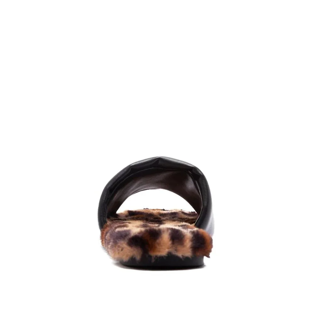 Black Pu Faux Fur Flat Slide Sandals - Picture 3 of 3